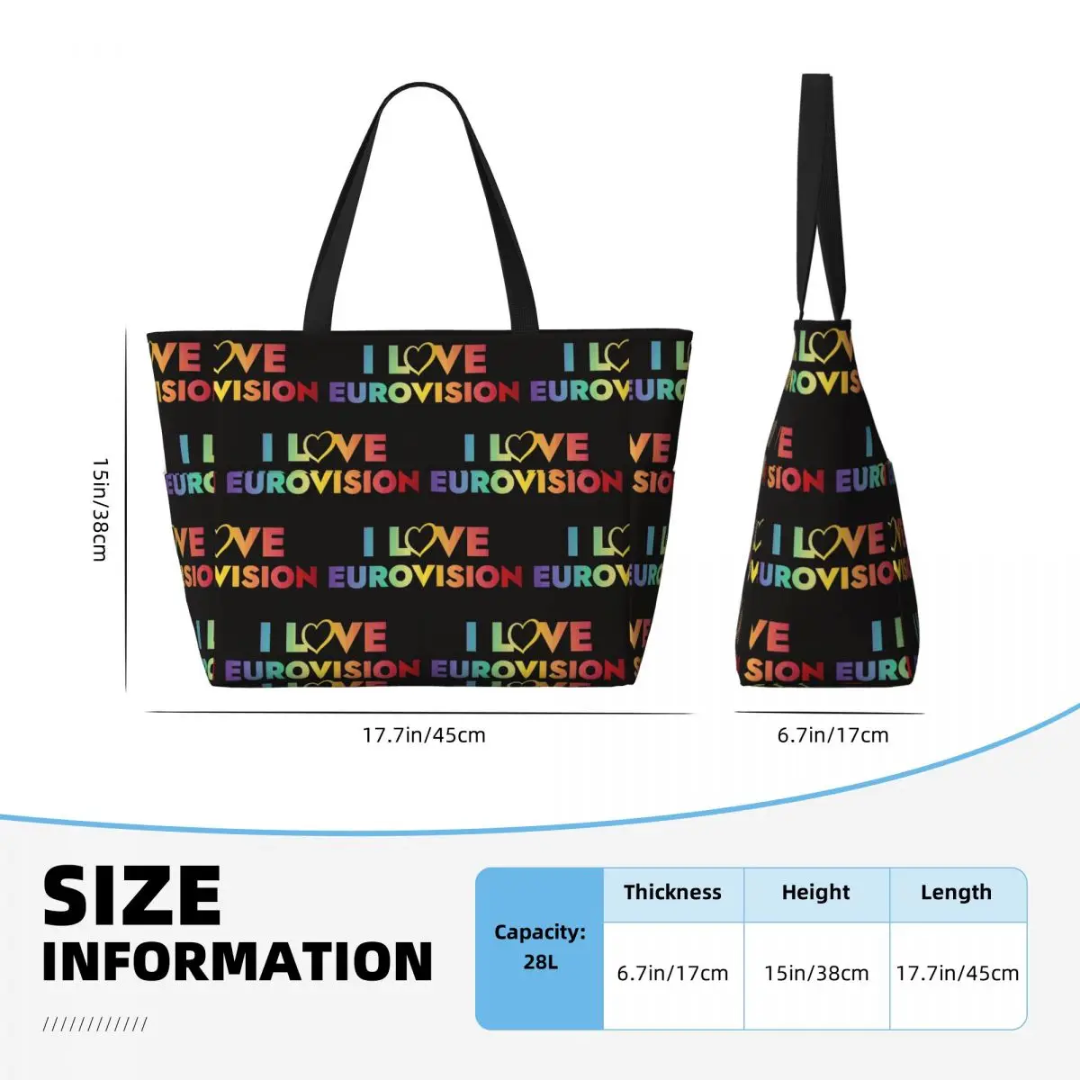 I Love Eurovision - Rainbow Pattern Beach Tote Bag Sport Gym Yoga Duffle Large Tote Bag Women Travel Bag Fitness bag