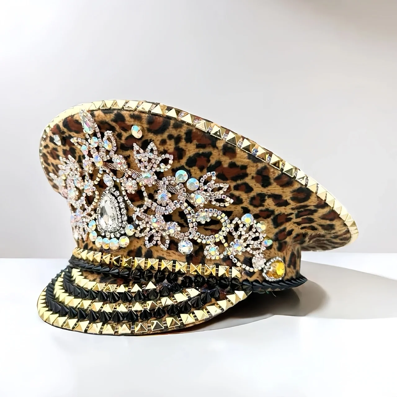 HongLuan Yellow Laser Leather Loop Captain Hat Rhinestone & Military Caps for Woman, Rave Festivals Accessories ＆ Party Cap Man