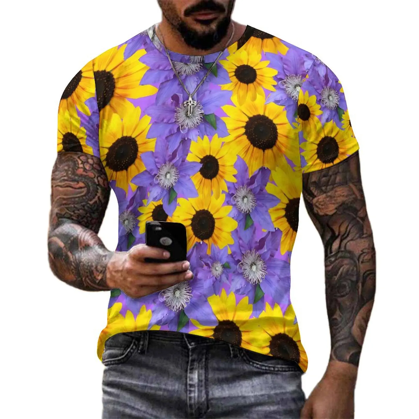 

Sunflower Print T-Shirt Men Purple Floral Graphic O Neck T Shirts Summer Harajuku Tops Short-Sleeve Casual Plus Size Tee Shirt