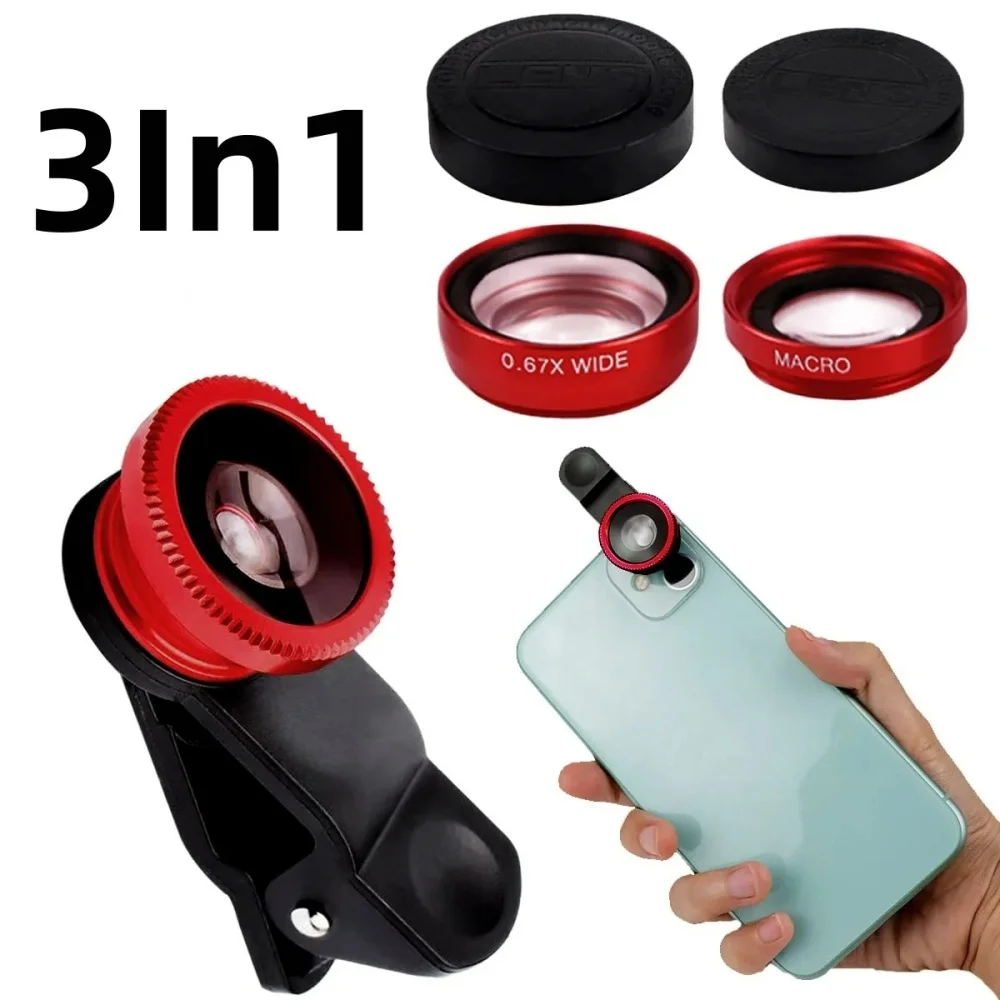 Universally 3in1 Fish Eye Lens 0.67X Wide Angle Zoom Fisheye Macro Lenses Camera Kits With Clip Lens For iPhone 16 Xiaomi Huawei