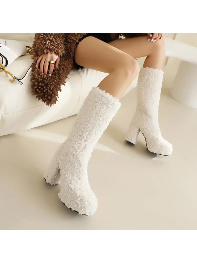 

2025 Winter New Women's Coarse High Heels Thick Bottom Hairy Personalized White Tall Knight Boots for Women