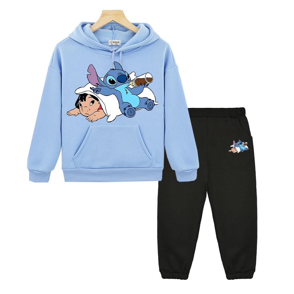 

Stitch print Anime hoodie Fleece sweatshirt Cartoon pullover Disney 2pcs Jacket+pants boy girl Hooded Sets kids boutique clothes