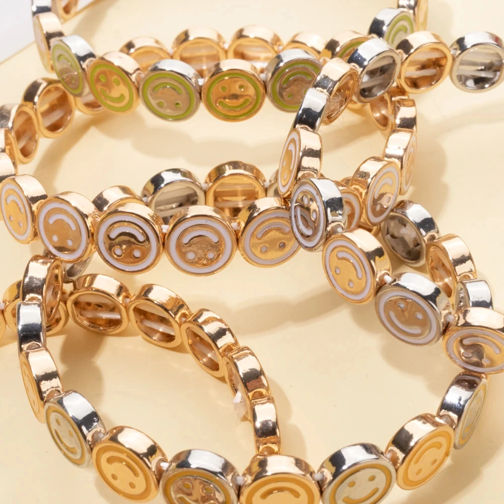 2024 10mm Round Shape Happy Emotional Bangle For Women Gold Color Beaded Elastic Bracelets