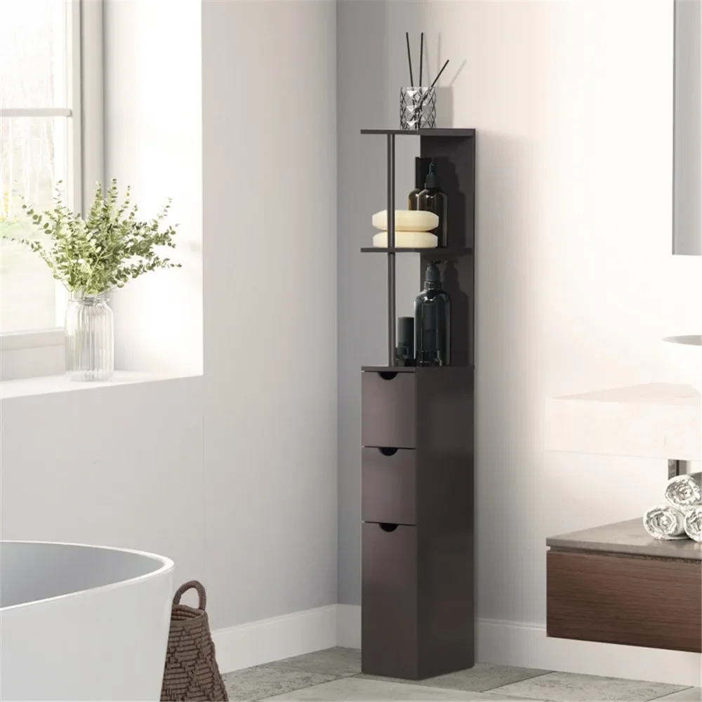

modern style Bathroom Storage Cabinet,two open shelves and three bottom drawers,Large-capacity storage,fixed on the wall, Brown