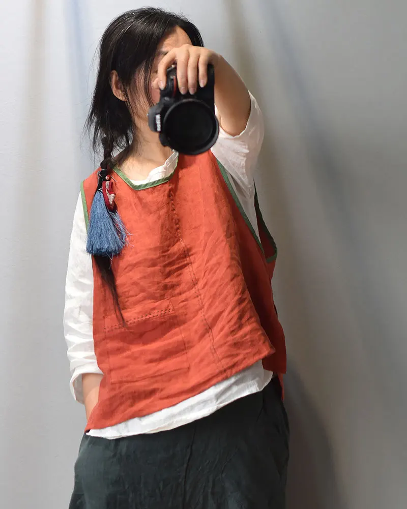 

Женский льняной жилет оригинального дизайна с круглым вырезом, ручной работы, свободного кроя, с художественными подплечниками, винтажный, в стиле Agel Svel, топ-майка