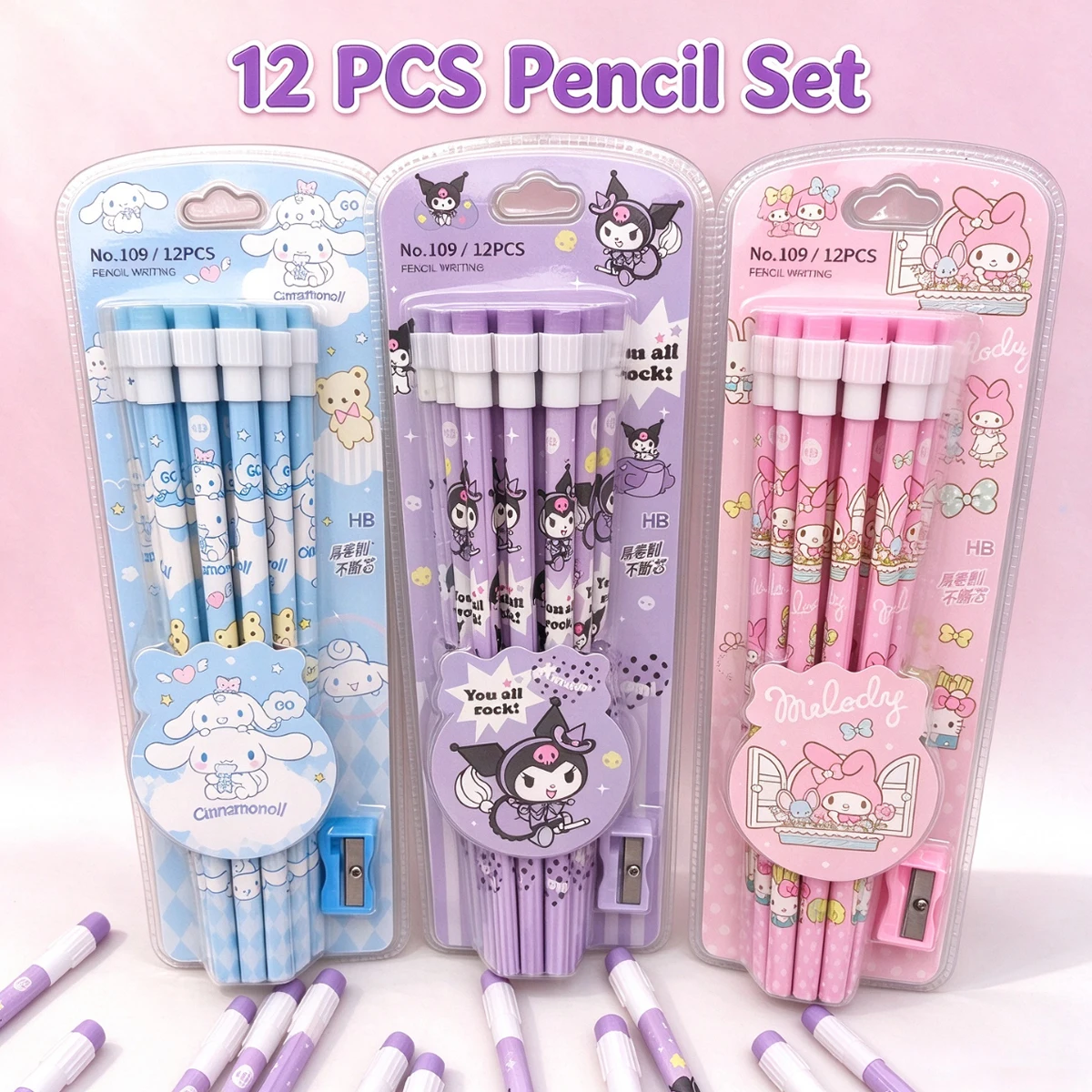 Sanrio 12-Piece HB Pencil Set, Includes a Pencil Sharpener and Eraser, Featuring Kuromi, My Melody, and Cinnamon Dog Designs.