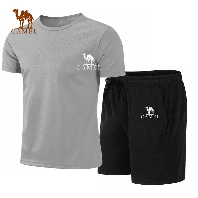 2024Men\'s camel colored quick drying sports set, short sleeved T-shirt, casual printed fashion, summer