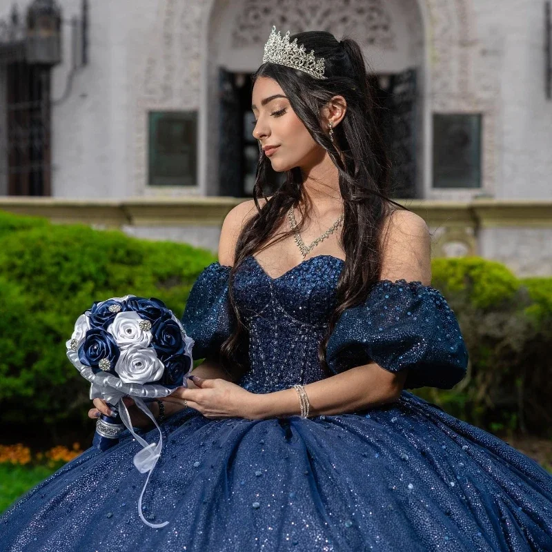 Angelsbride-vestido de baile azul marino para Quinceañera, traje con cuentas y hombros descubiertos, 15 Años