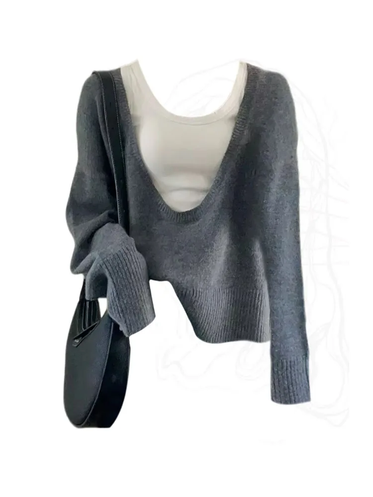 

French Elegance Outfits 2 Piece Set Office Lady Simple Vest New Trend + Grey Knitted Pullover All-Match Classical Preppy Style