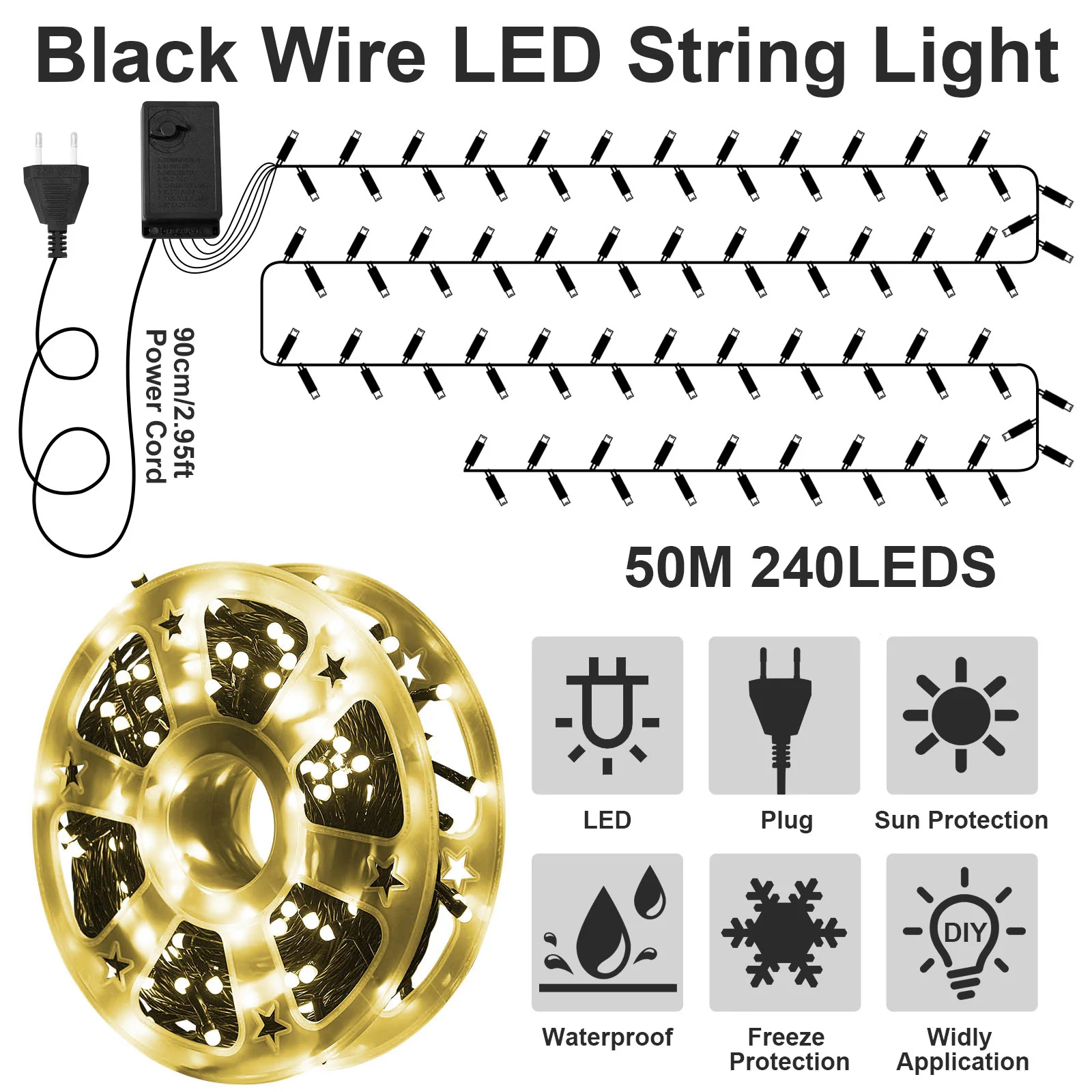 50M 240 LED String Lights Black Wire Fairy Light With Memory 8 Modes Outdoor Party Waterproof Christmas Decoration EU Plug in