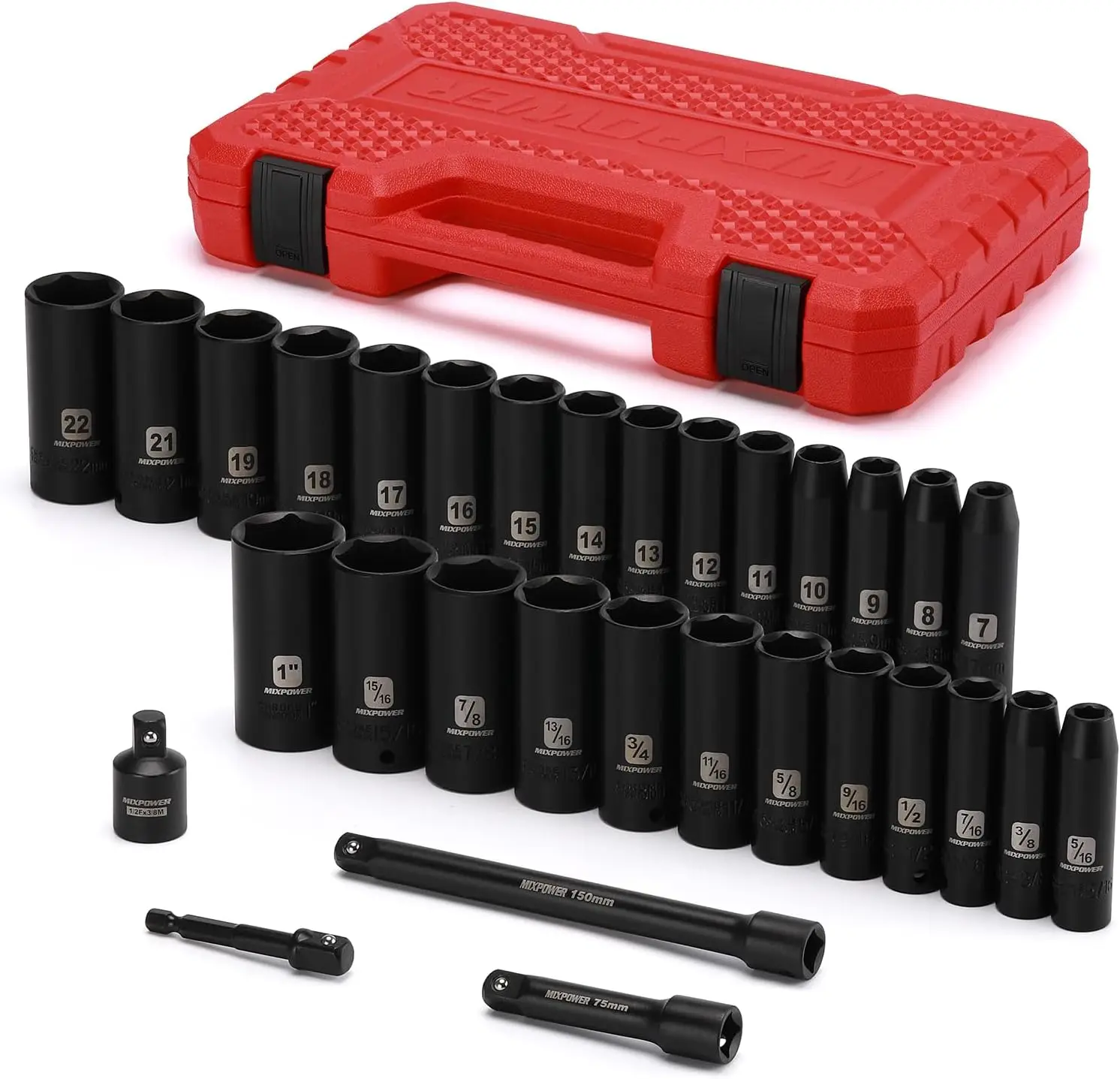 

3/8" Drive Deep Impact Socket Set, 31 Piece SAE/Metric, 7-22mm & 5/16"-1", Cr-V Steel