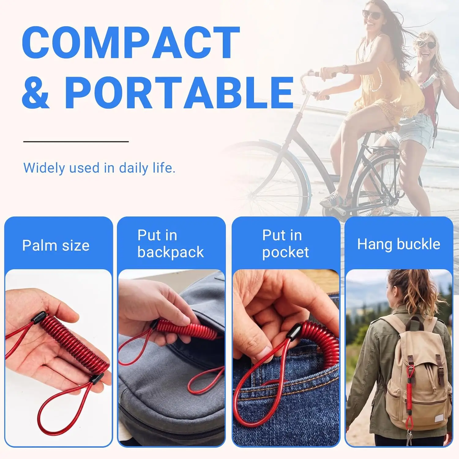 Security Cable Lock, Self-Coiling Stainless Steel Double Loop Cable, Flexible Anti-Theft Wire for Luggage, Bike,Travel Gear