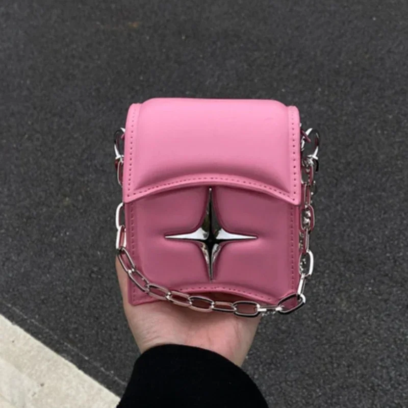 Y2K Vintage Korean Small Chain Shoulder Bag Flap Clutch Purse Handbags Pink PU Leather Gothic Cross Girls Crossbody Ladies Bags