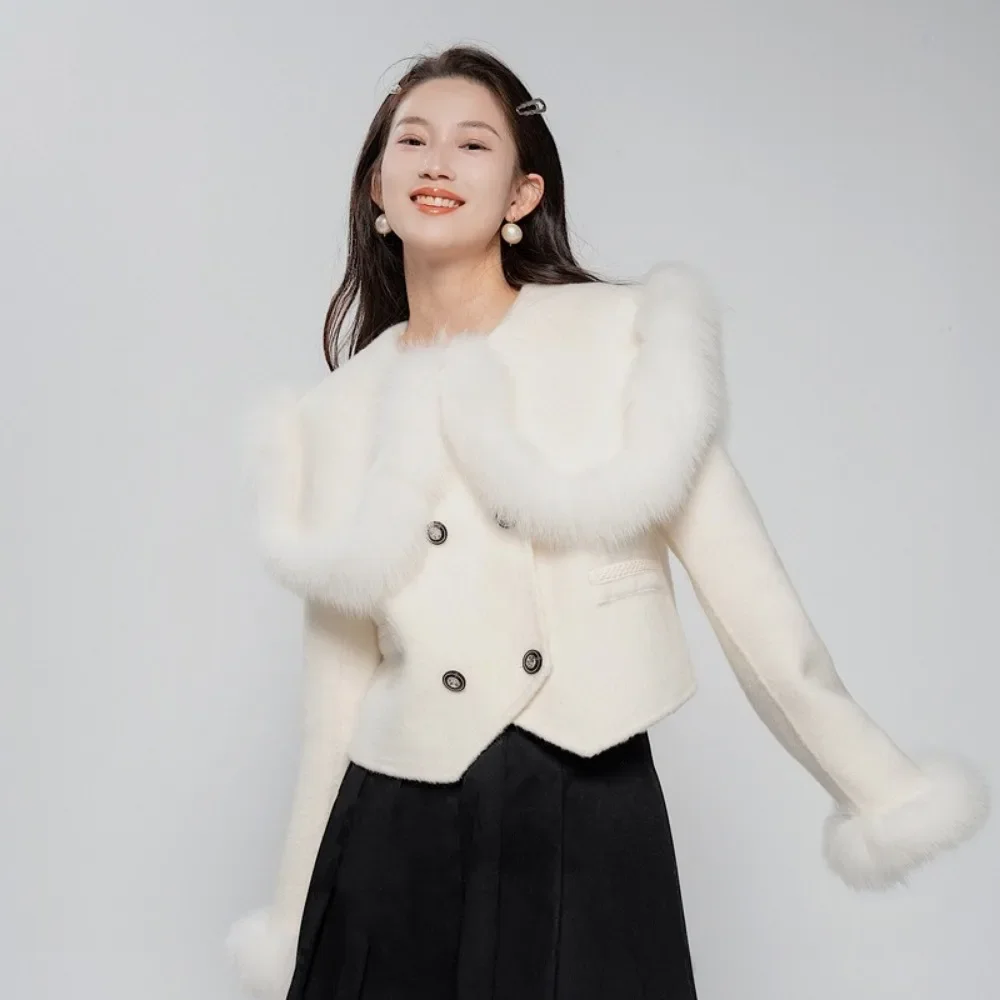 2024 New Autumn Winter Sailor Collar Double Breasted Fur Sleeve Wool Coat Female Fashion Sweet Real Fox Fur Woolen Jacket Women