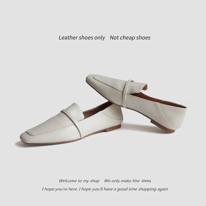 Size 44 Cowhide Square Toe Women Flats Slip On Loafers Women Shoe Without Heel 1 CM Spring Autumn Mules Korea Style Simple Shoes