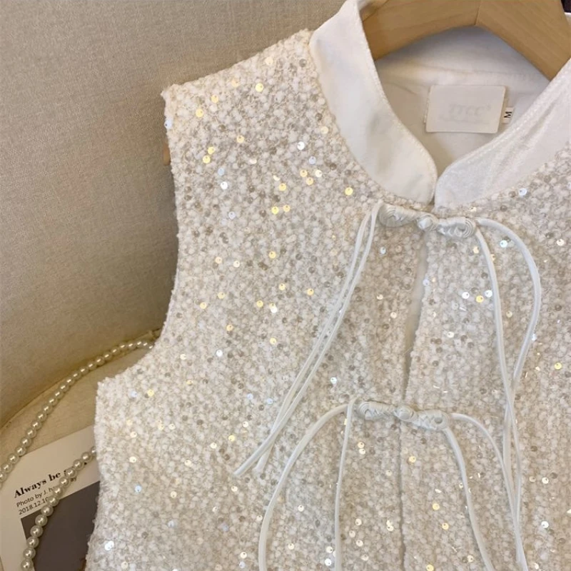 2024 New Spring and Autumn Chinese Style Fashion Chic Versatile Sleeveless Standing Neck Sequin Bandage Women's Vest Top