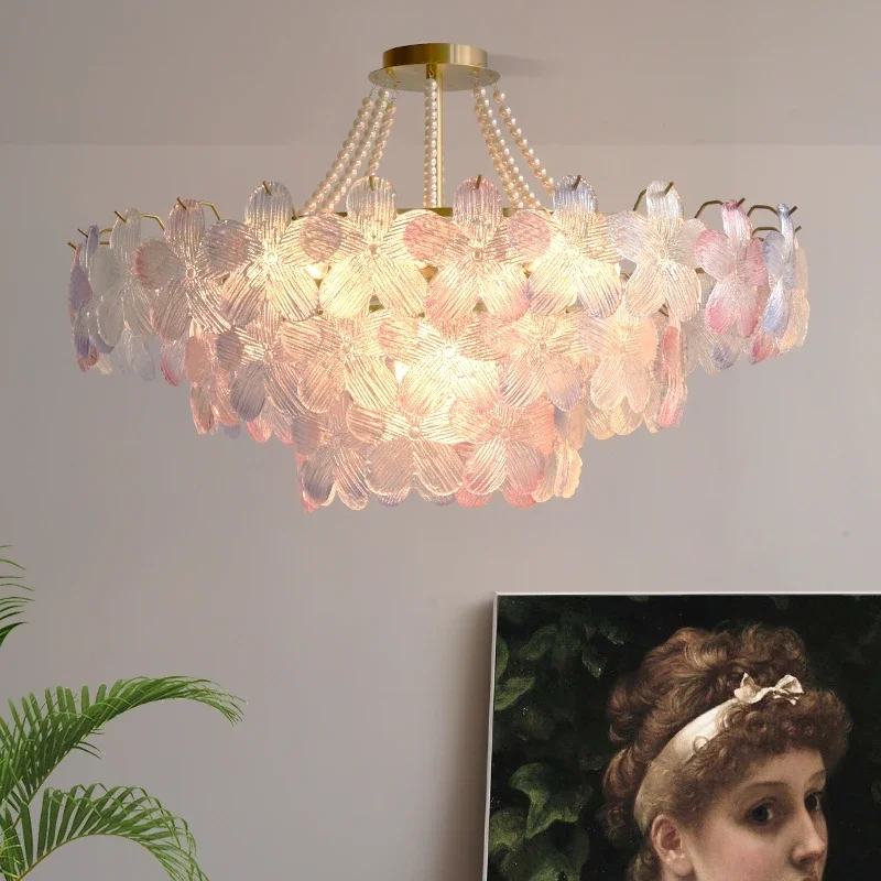 Nordic Floral Glass Chandelier, Minimalist Pastel Pendant Light, Elegant Bedroom Living Room Lighting, Simple Home Decor Lamp