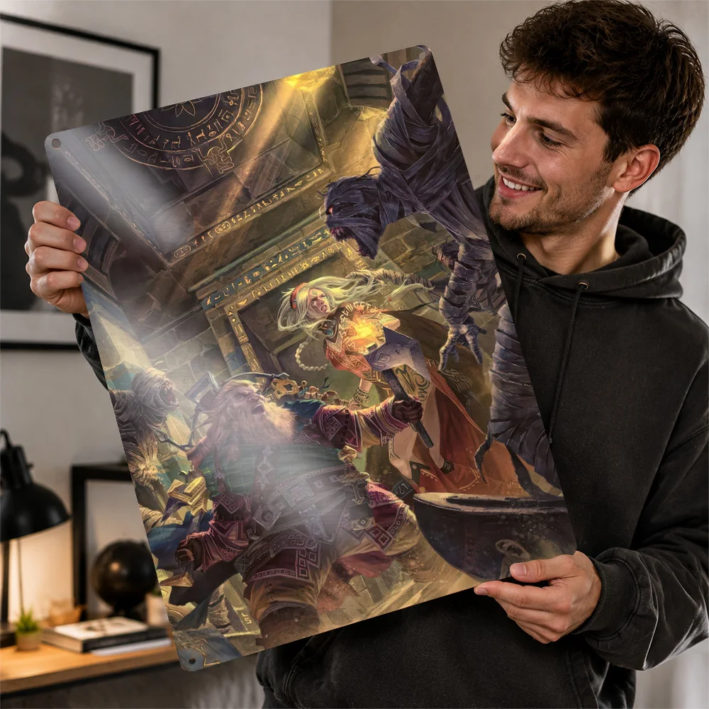 Heroes Facing Temple Mummies Aluminum Poster Illustrated Wall Art For Home Office Personalized Metal Sign Video Game Fan Gift
