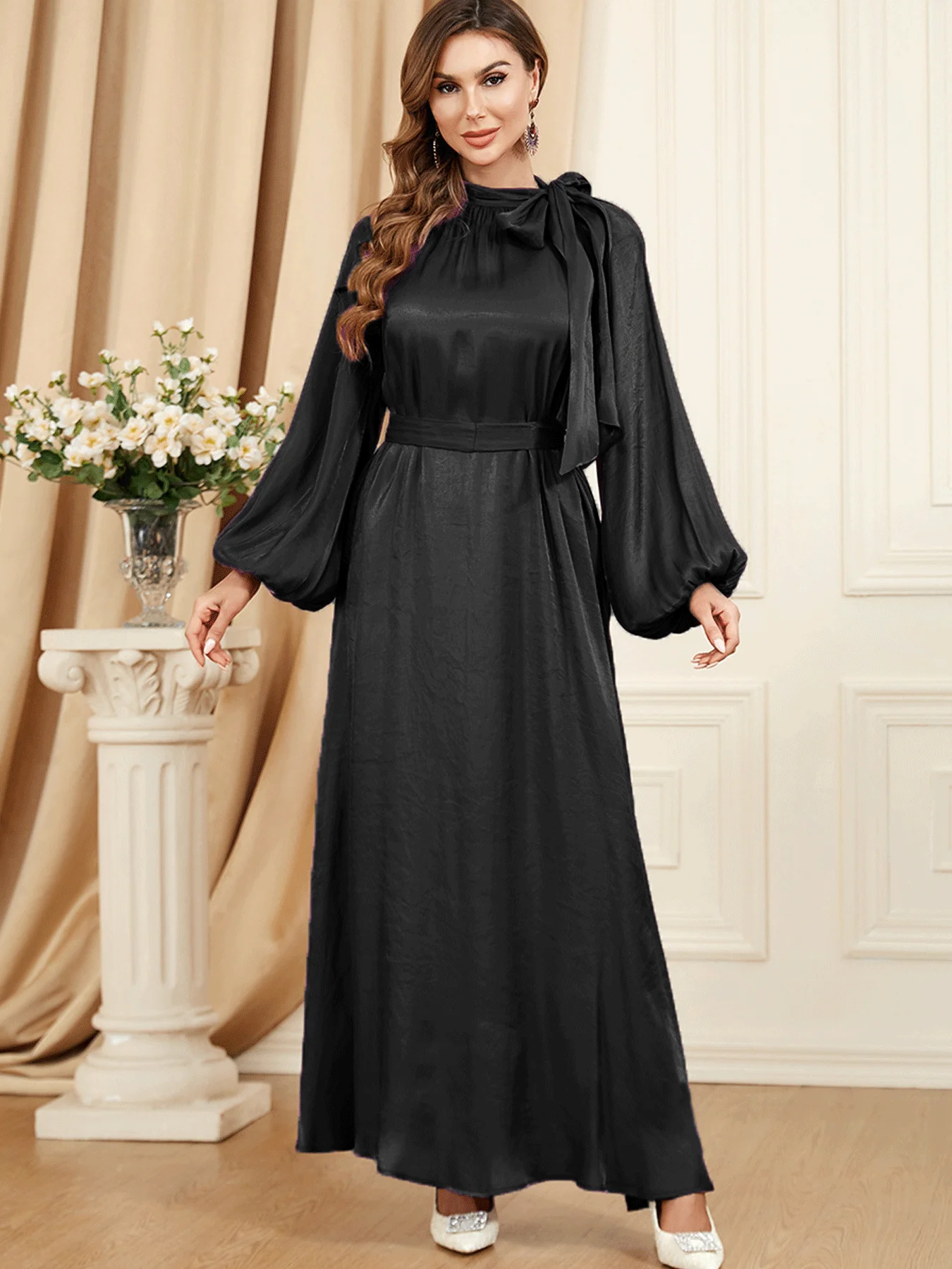 Shining Tie Neck Loose Modest Abaya Elegant Bishop Sleeve Belted Maxi Long Dress Dubai Islamic Clothing  Islam Muslim