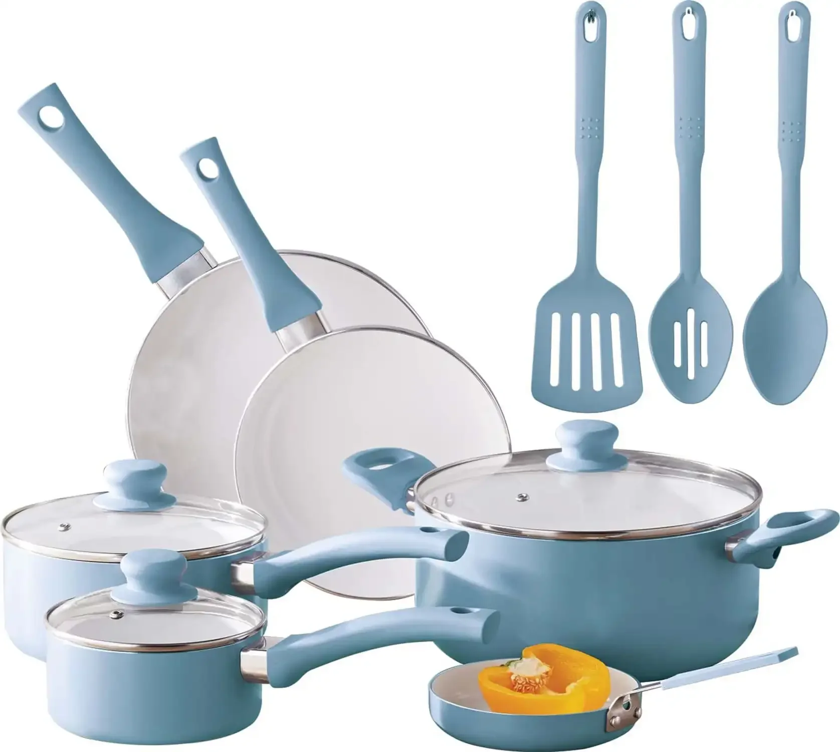 12pc Ceramic Cookware Set, Blue Linen