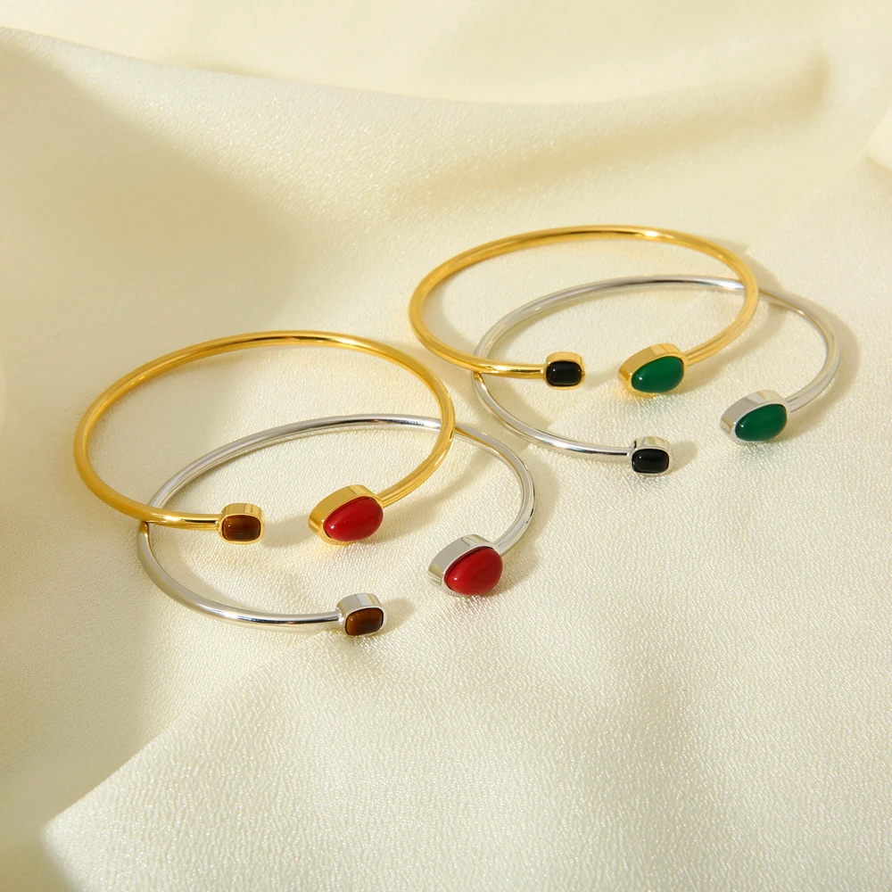 New Stainless Steel Natural Stone Open Cuff Bracelet Bangle Green Red Black Stone PVD 16K Gold Plated Tendy Jewelry for Women