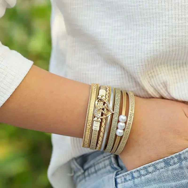 Amorcome Layered Wrap Bracelet Pearls Love Heart Charm Leather Womens Ladies Bracelet Magnetic Clasp Jewelry Mothers Day Gift