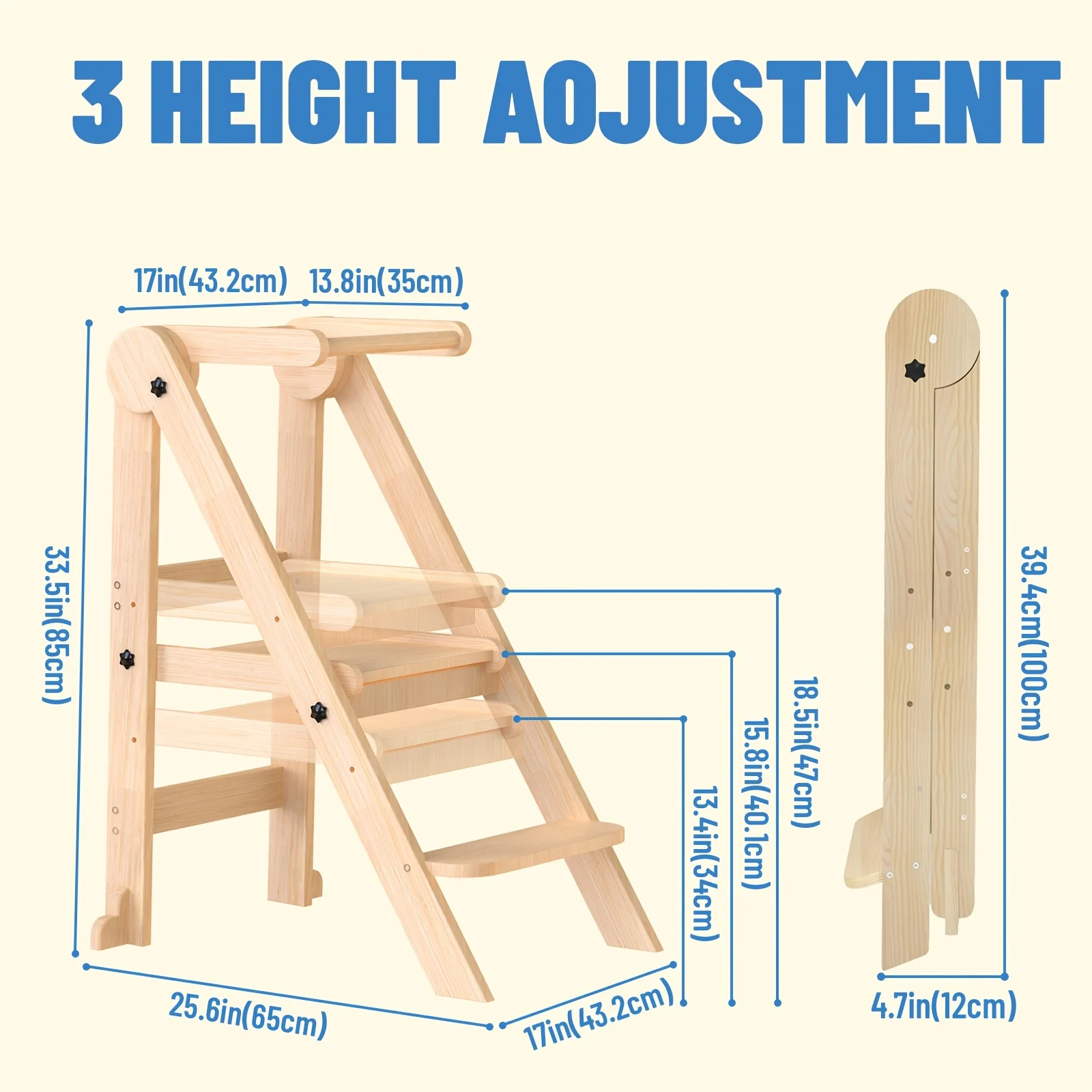 Foldable & Adjustable Kids' Step Stool – Wooden Learning Tower with 3 Height Levels and Safety Rails; Compact Kitchen Helper