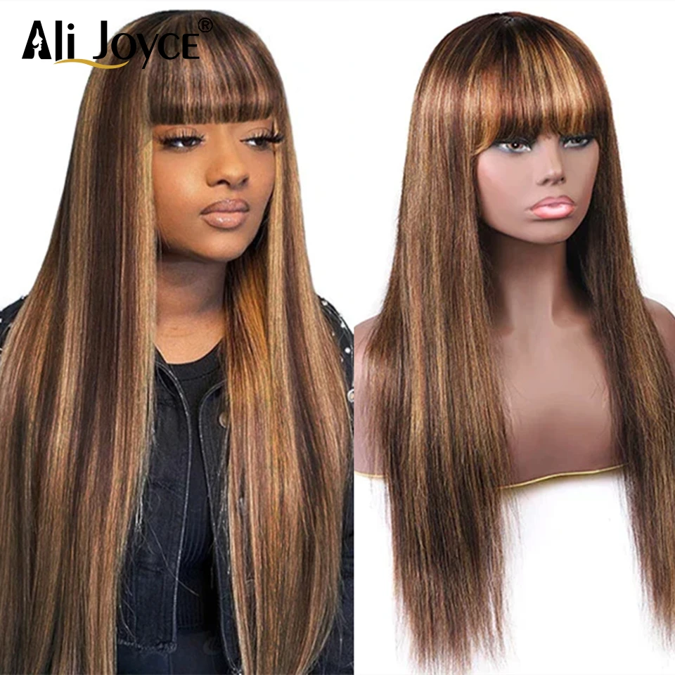 Piano 4/27 Colored Human Hair Wigs With Bangs Brazillian Remy Hair Machine Made Honey Blonde Highlight Straight Glueless Wigs