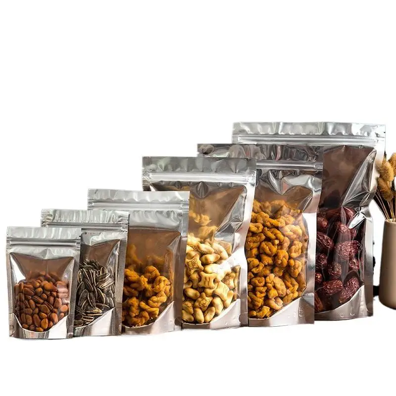 100 unidades de bolsas de aluminio resellables con cierre zip, de Mylar, para alimentos, al por mayor, con frente transparente, tipo stand-up, a prueba de olores
