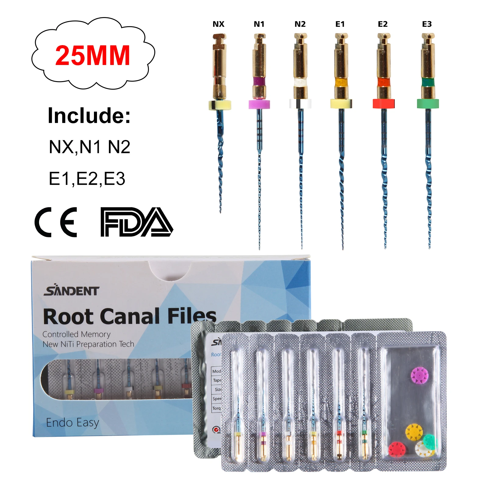 5/10Packs Dental  NiTi Files Rotary Engine Use Mixed Type Rainbow File 25mm for Endo Motor Root Canal Treatment 6Pcs/Box SANDENT