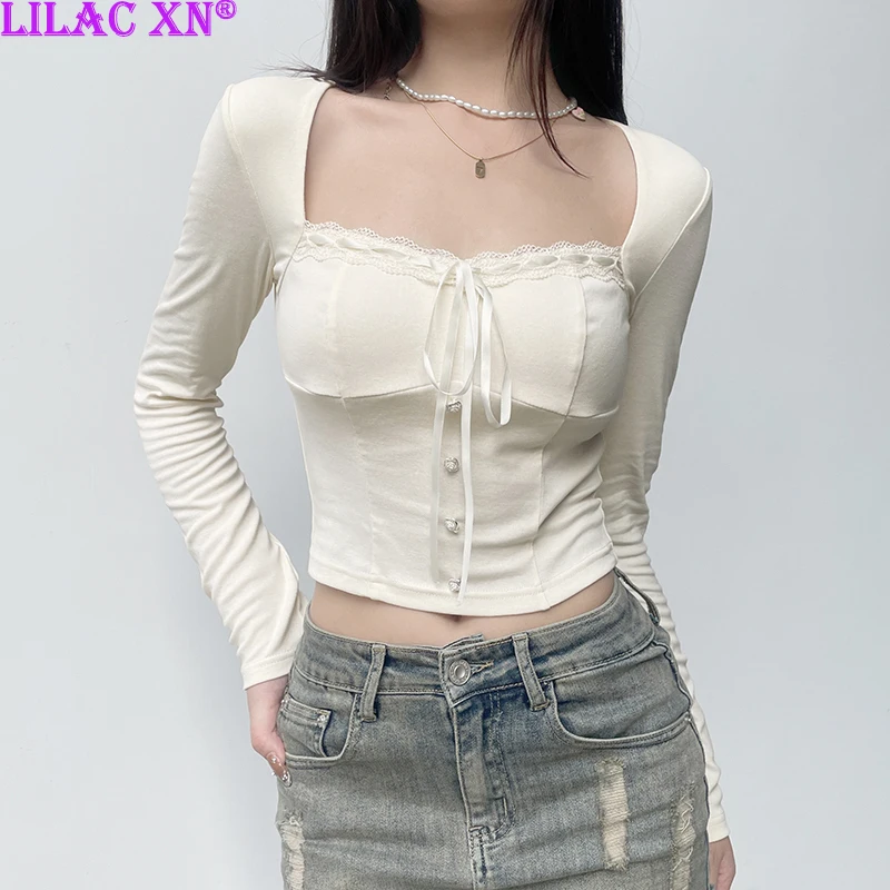 

Y2K White Square Neck Lace Trim Long Sleeve Corset Crop Tops Sweet Korean Style Buttons Women T-Shirt Chic Basic Tee Autumn