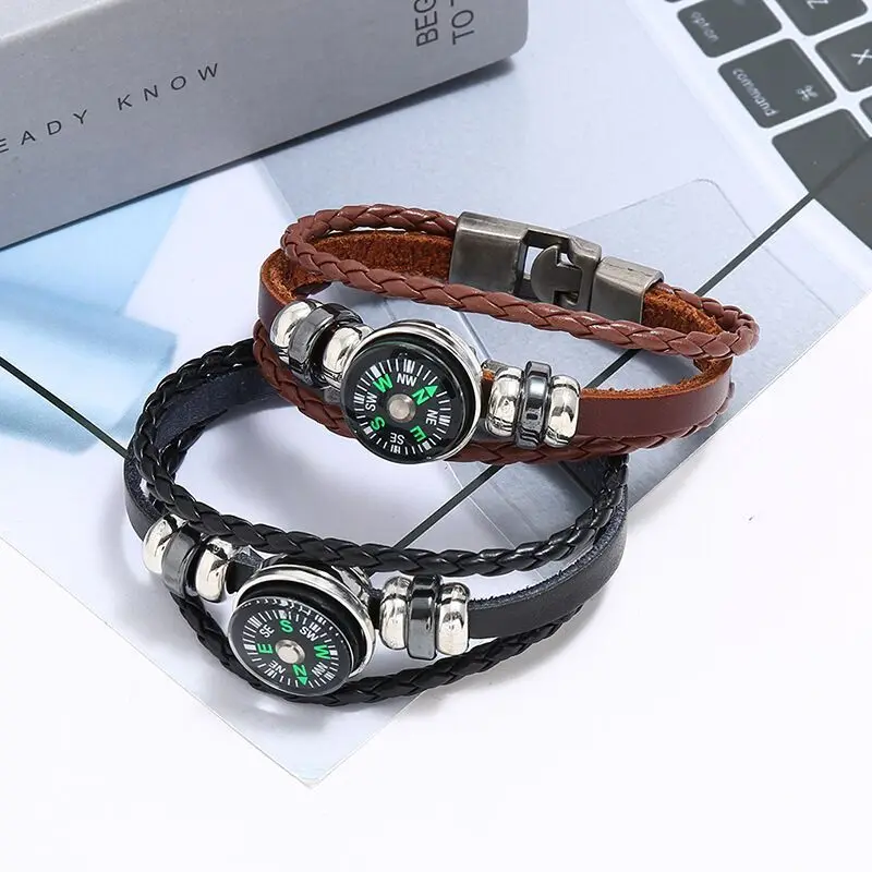 Outdoor Camping Wristband Style Compass, Leather Bracelet, Multi Layer Woven Bead, Alloy Compass, European and American