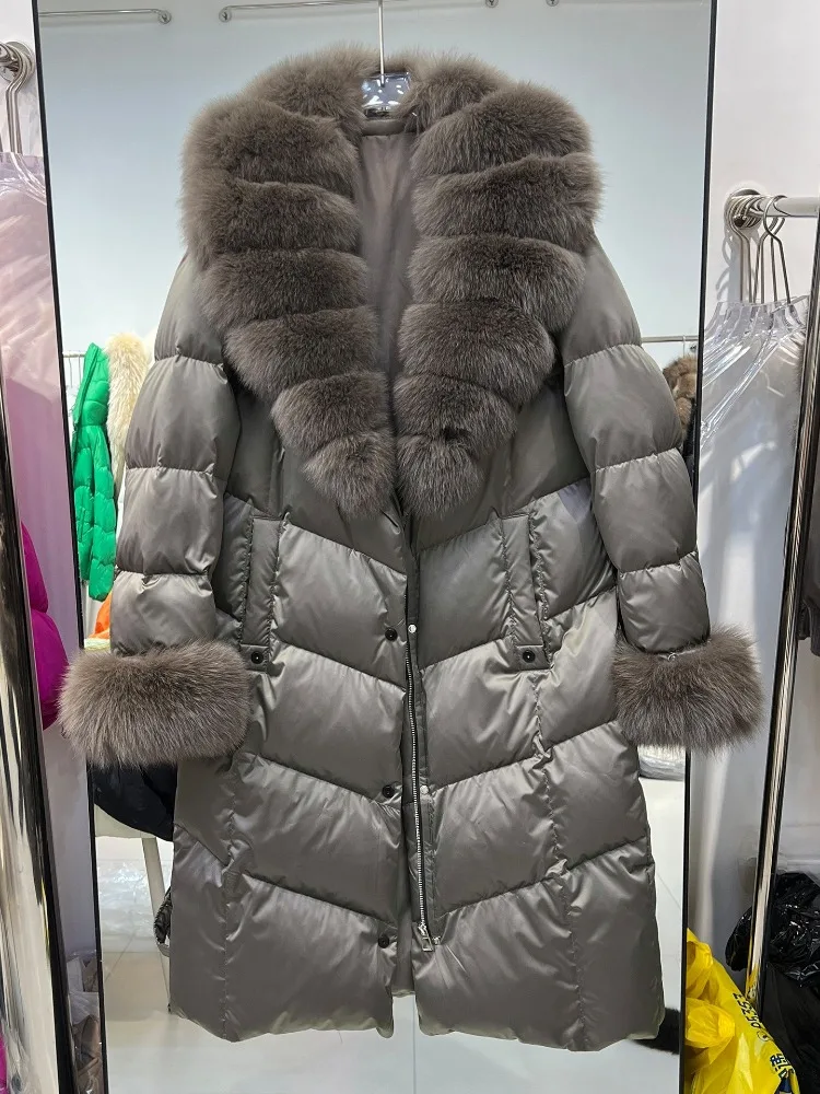 Damen Langer Winter-Daunenmantel Natürlicher Pelzmantel mit Pelzbesatz und Daunenfüllung für Herbst und Winter