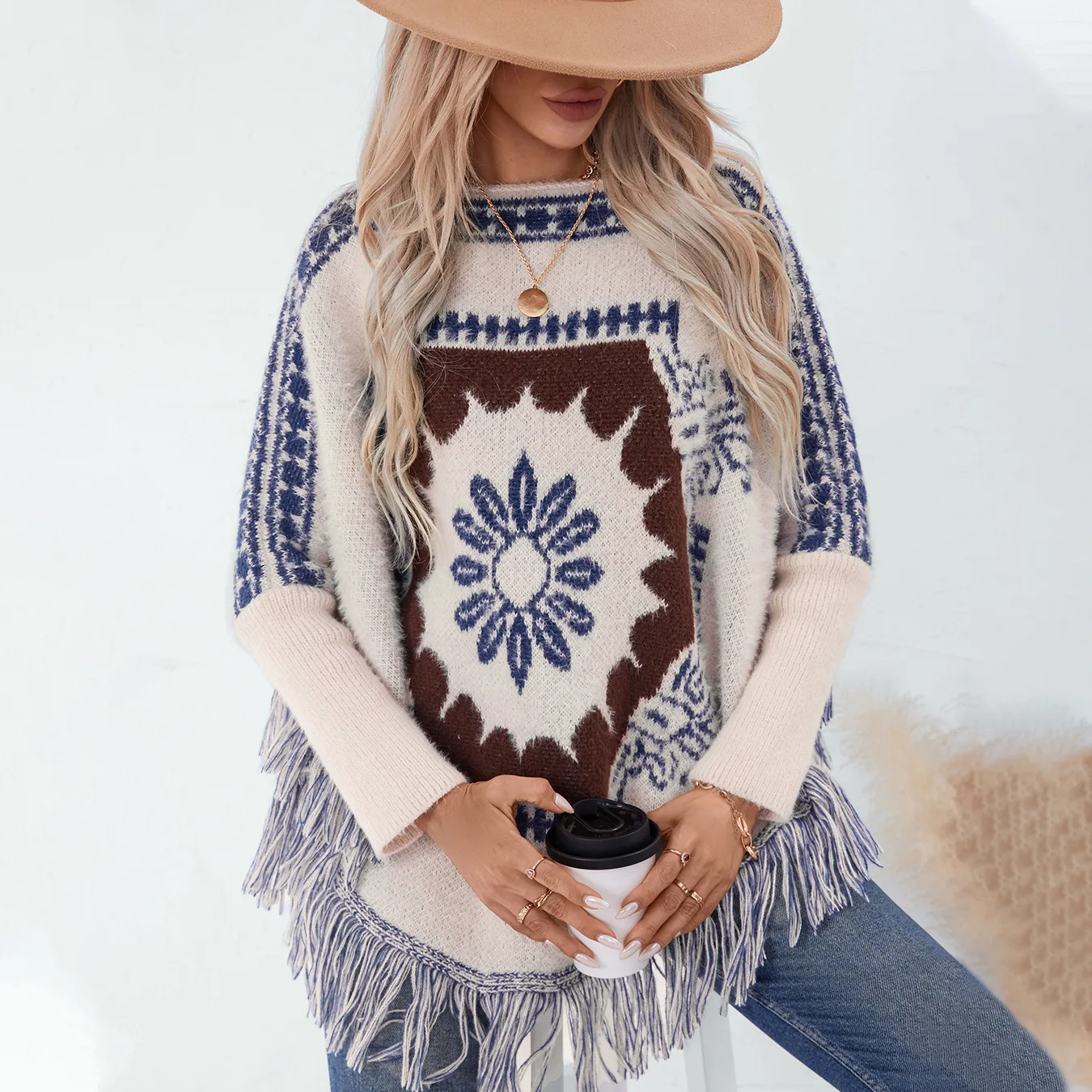 Retro ethnic style one-word neck pullover sweater shawl women's autumn and winter loose long-sleeved knitted fringed cape