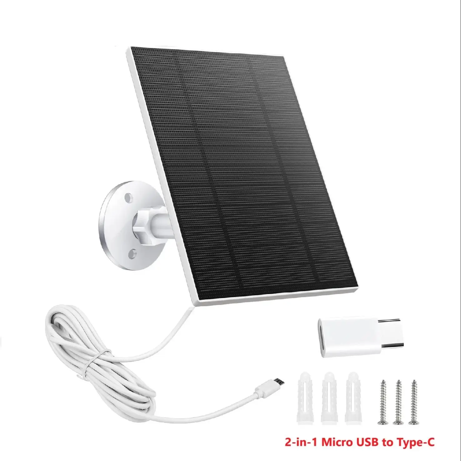 10W 5V Waterproof Solar Panel Charger 2-in-1 Micro USB Type-C with 2m Cable Portable Outdoor for Security Camera & Mobile Phone