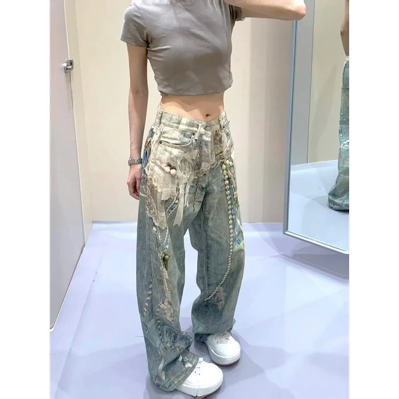 

Широкие джинсовые джинсы с 3D-принтом, кружевные жемчужные цепочки, прямые свободные женские брюки с высокой талией, средняя эластичность, другие ткани Sister Sle