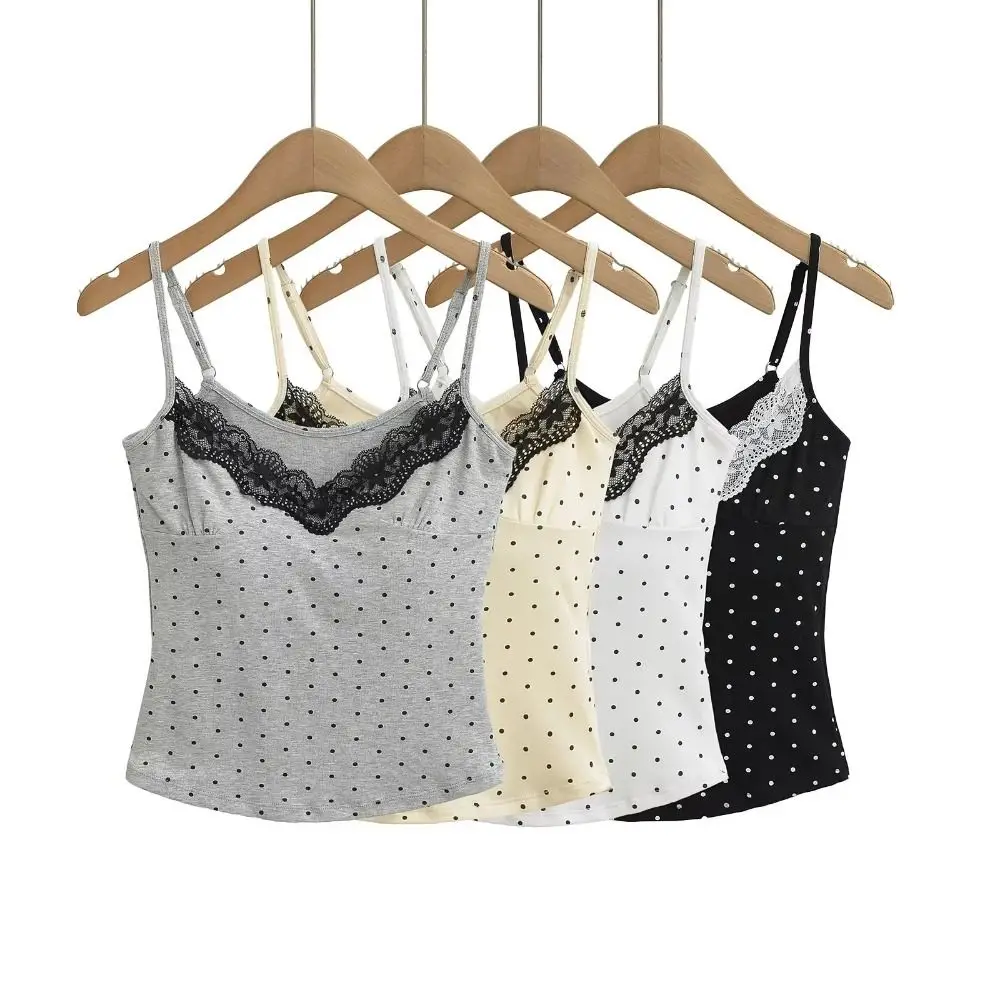 

Lace Ruffled Dots Sling Vest Top Sleeveless Bottoming Shirt Camisole with Pads Tank Spicy Girl Style Y2K Slim Crop Top Girls
