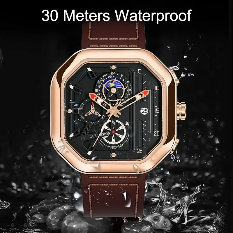 LIGE Fashion Square Dial Leather Mens Watches Luxury Sport Waterproof Watch Man Chronograph Quartz WristWatches Montre Homme