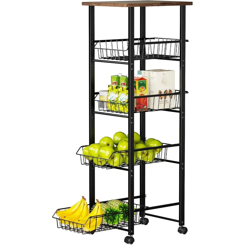 

Fruit Vegetable Basket for Kitchen, 5 Tier Kitchen Organizer and Storage Cart with Wheels, Slide-Out Baskets and Wood Top, Roll