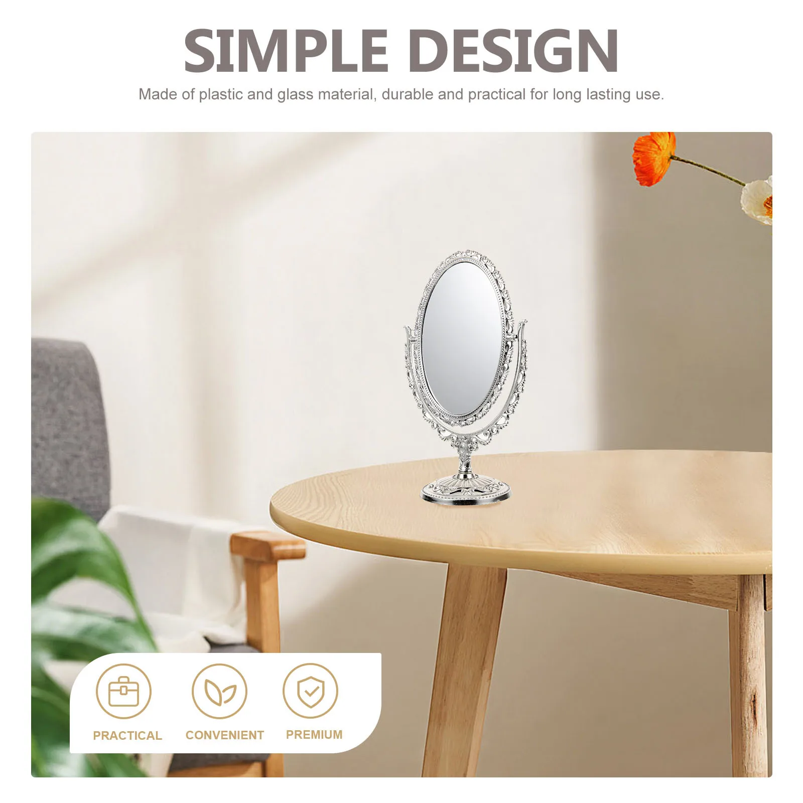 1 pçs estilo europeu espelho retro dupla face oval espelho de maquiagem para casa banheiro quarto prata 360 graus rotativo