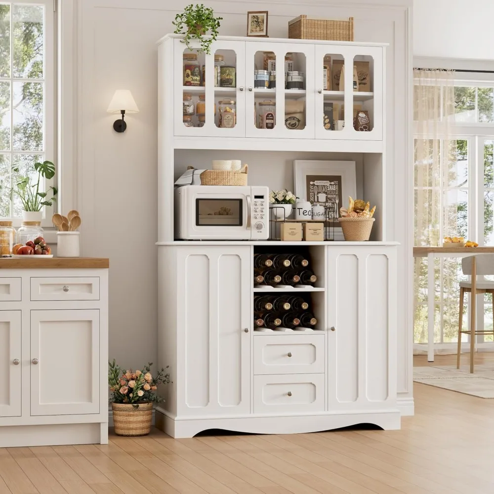 خزانة مخزن طويلة بطول 70 بوصة، وخزانة مطبخ مع حامل ميكروويف، وخزانة تخزين المطبخ الحديثة مع درجين ورف النبيذ المدمج
