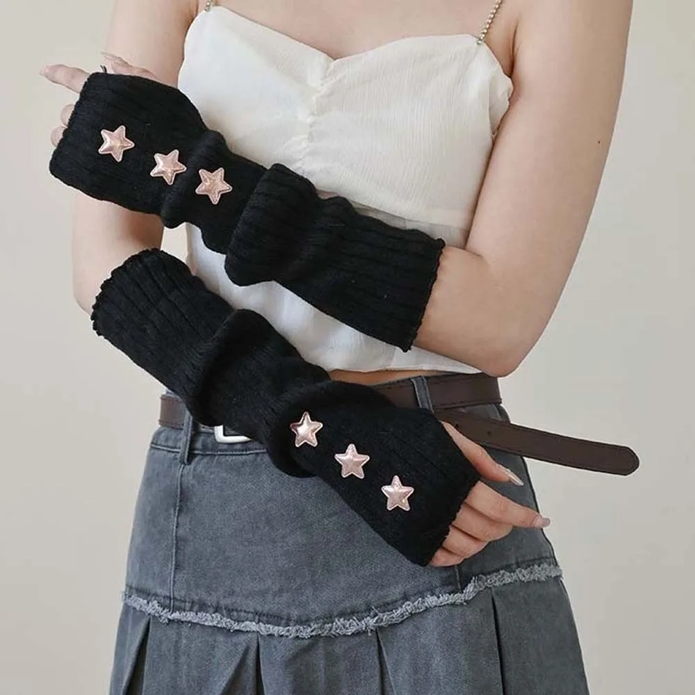 

Эластичные вязаные рукава без пальцев, длинные готические чехлы на руку со звездами Y2K, однотонные, теплые на половину ладони, длинные манжеты, уличные