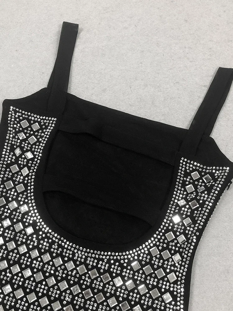 Sexy Träger, quadratischer Kragen, glänzende Diamanten, Verbandkleid für Damen, schwarz, ärmellos, rückenfrei, Kristall, figurbetonte Kleider, Abendclub