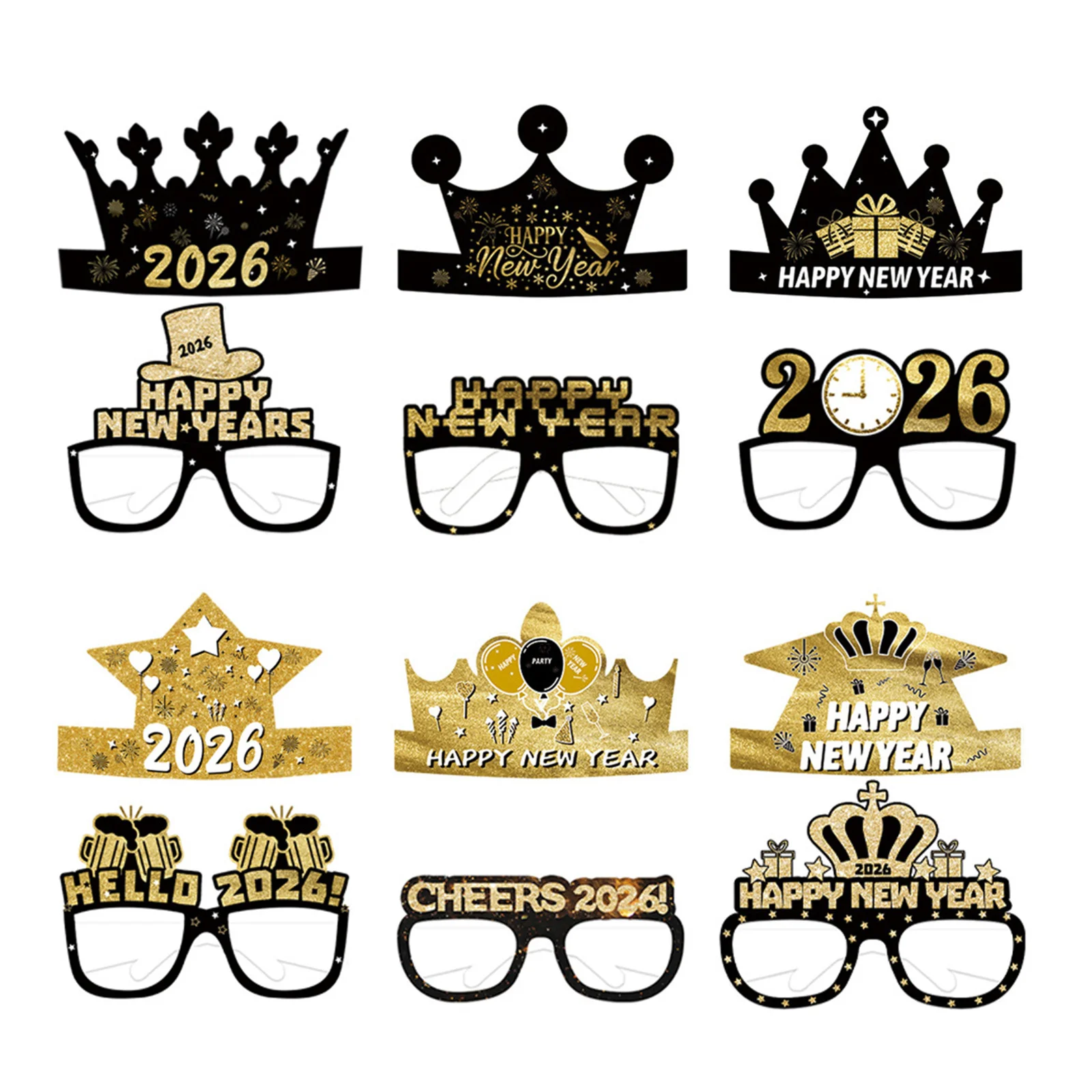 

12Pcs New Year Paper Glasses and Hats Black Gold 2026 Party Eyewear Photo Props Party Supplies New Year Celebration Hats