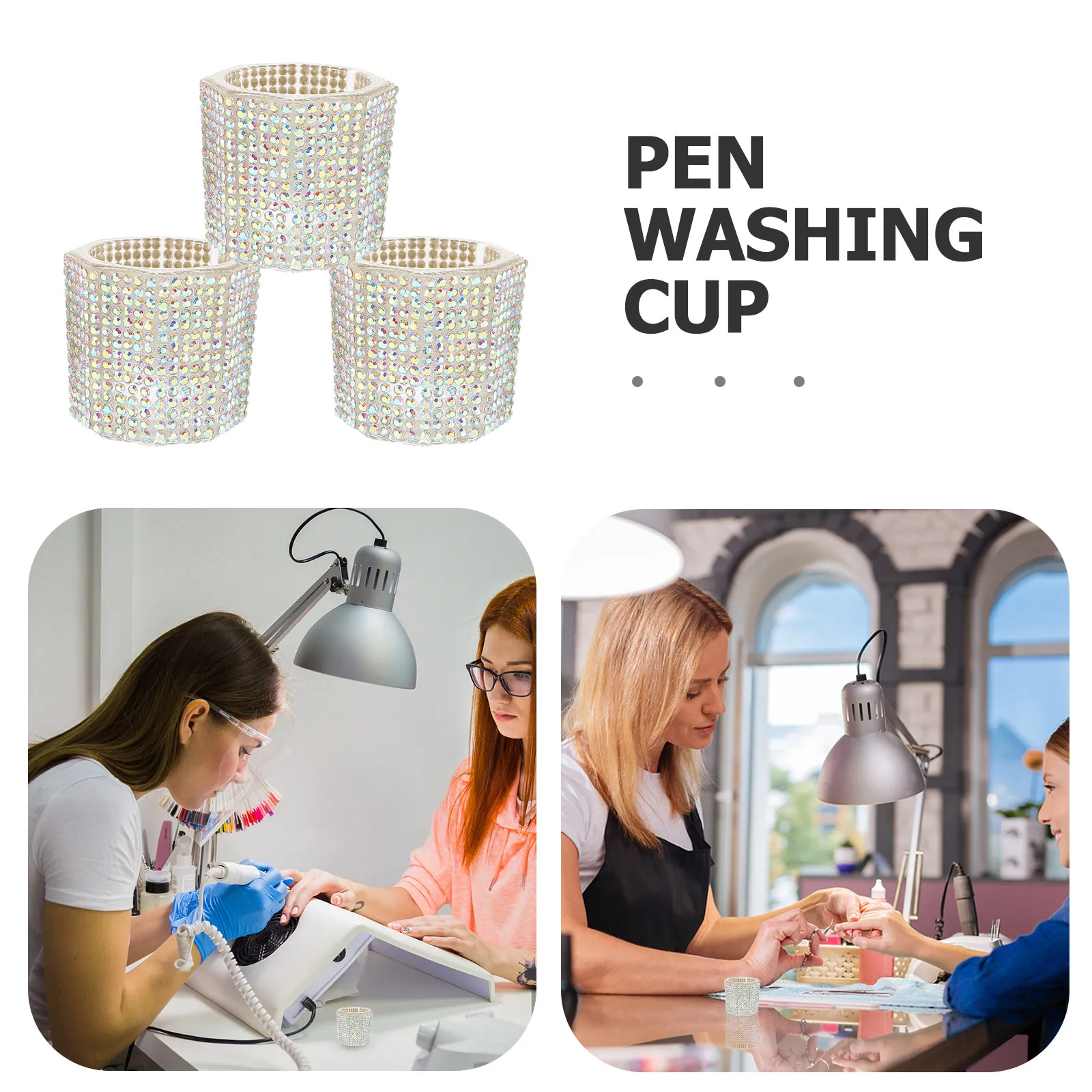 3Pcs Nail Art Brush Cleaner Cups Crystal Rhinestone Octagon Shape Stable Manicure Tool Kit Professional Personal Use Nail