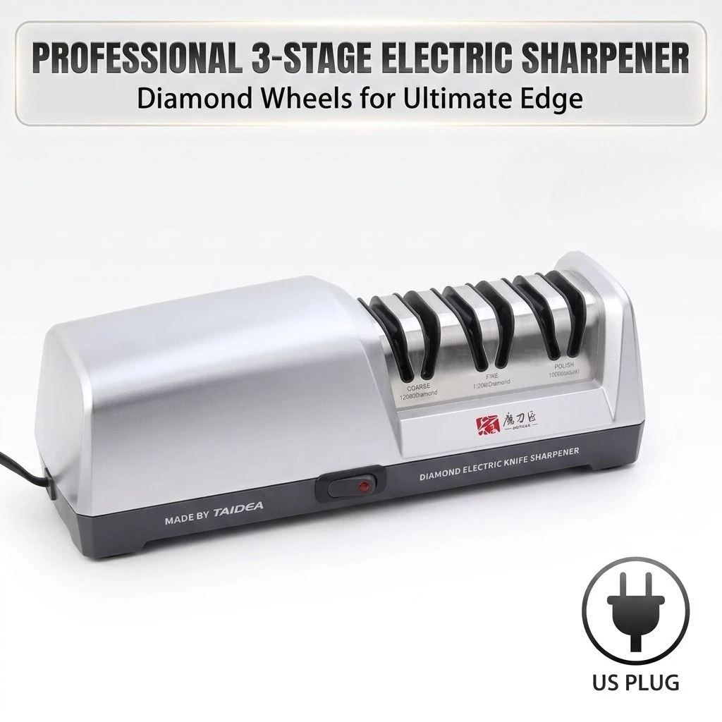 GRINDER TG2302 18W 3-Stage Electric Diamond Knife Sharpener 15 Degree Angle Guide Sharpening System, 120 600 1000 Grit Coarse Fine Polishing for Kitchen Ceramic Metal Knives, US Plug Professional Automatic Sharpener Machine Household Chef Tool Gift