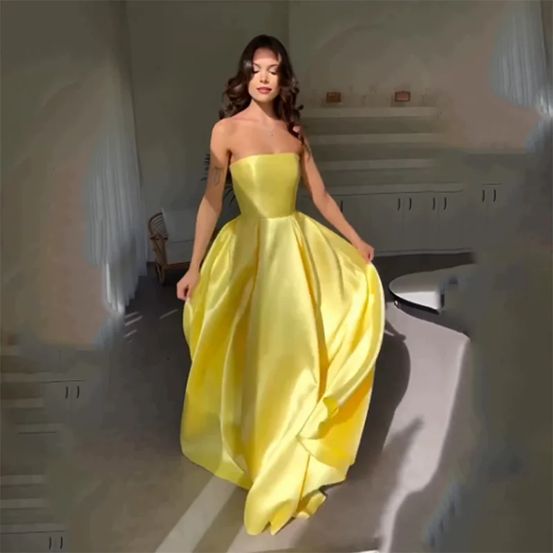 

Smileven Strapless Evening Dress A Line Yellow Prom Dresses Saudi Arabia Simple Satin Evening Party Gowns 2024 With Train