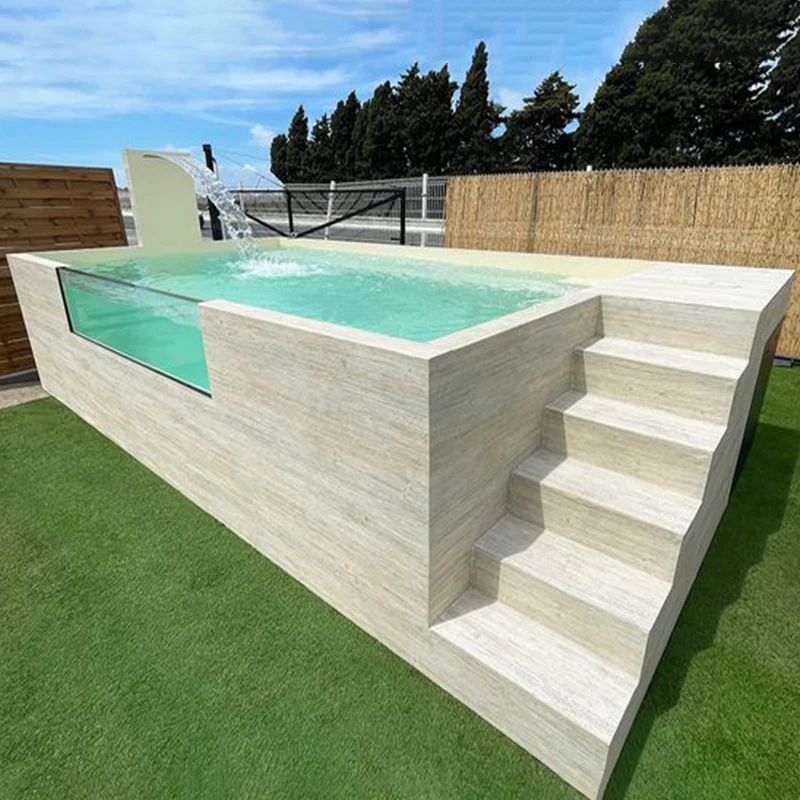 Piscina de contenedores de lujo de 40 pies con sistema de ondas de pared de vidrio, casas de contenedores al aire libre con piscina