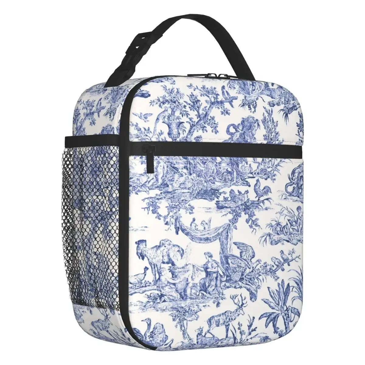 

Navy Blue Toile De Jouy Insulated Lunch Bag for Camping Travel French Countryside Floral Cooler Thermal Lunch Box Women