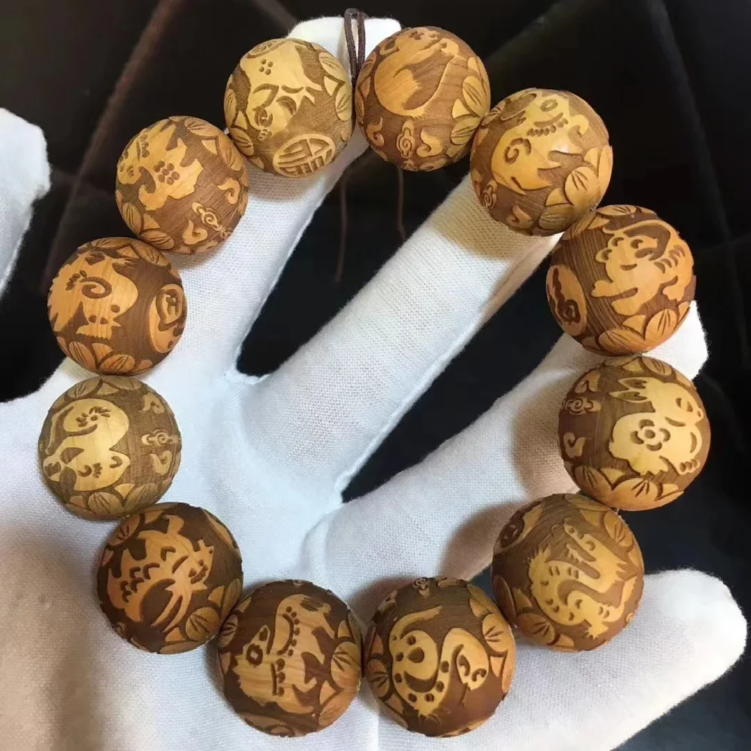 

Men's Natural Wooden Bracelet 2.0cm Fashion Elastic Retro Bracelet, Laser Engraved Wood Beads, Mythical Animals
